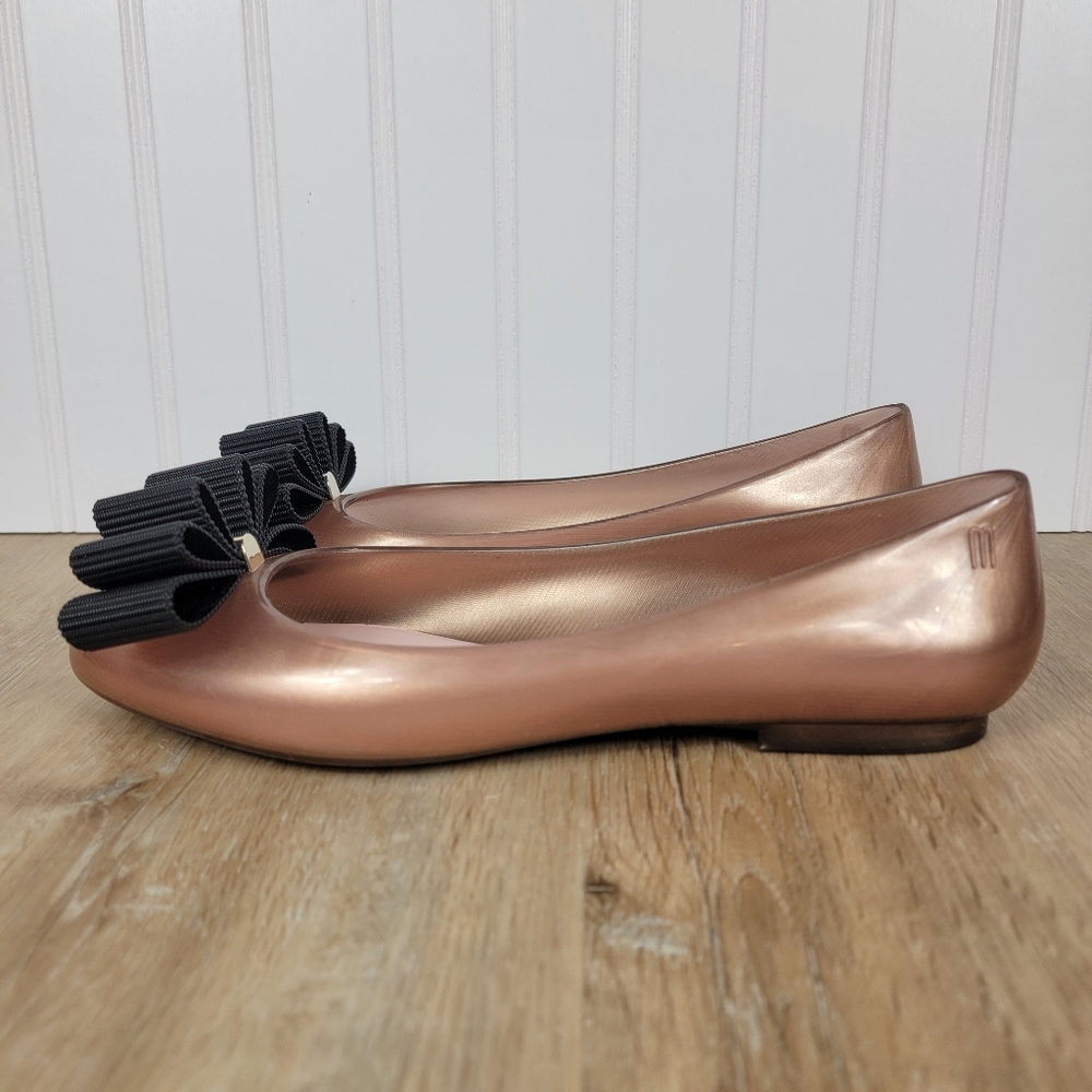 Melissa + Jason Wu Rose Gold Jelly Shoe with Black Bow - Picture 5 of 11